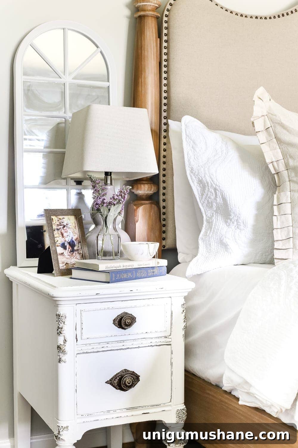 DIY Faux Gilded Nightstands with Gold Leaf Finish 11 Faux Gilded Nightstands | blesserhouse.com - A pair of old, broken wooden nightstands gets a bright white, French-inspired facelift with a faux gilded bronze finish.