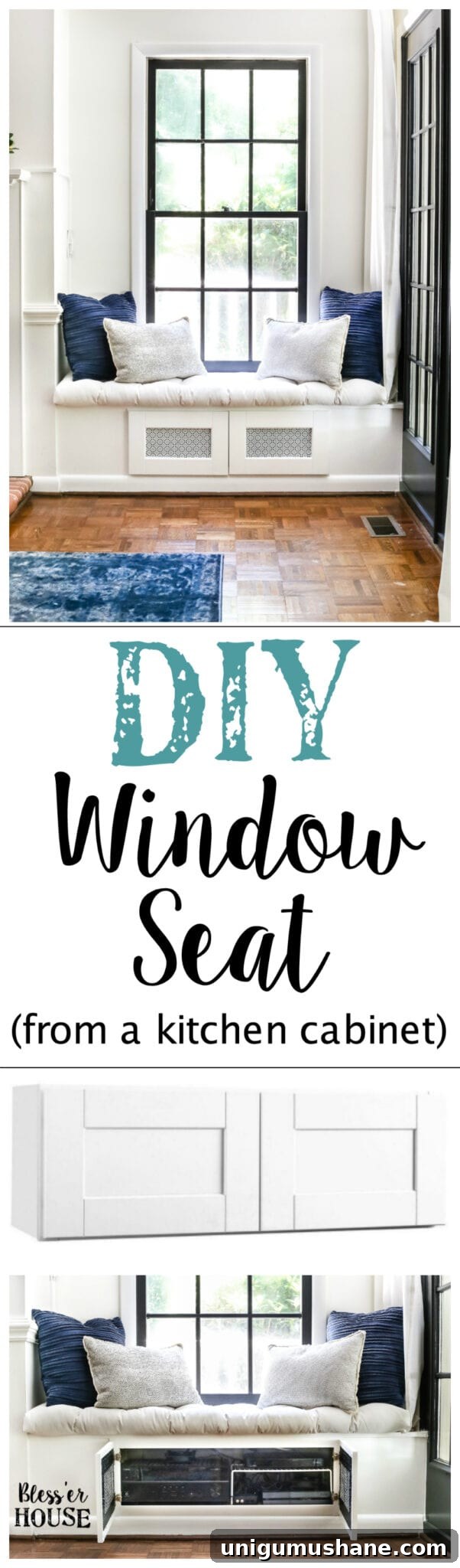 DIY Window Seat from a Kitchen Cabinet | blesserhouse.com - A simplified tutorial for how to build a DIY window seat using a prefabbed kitchen cabinet to house electronics and hide cords.