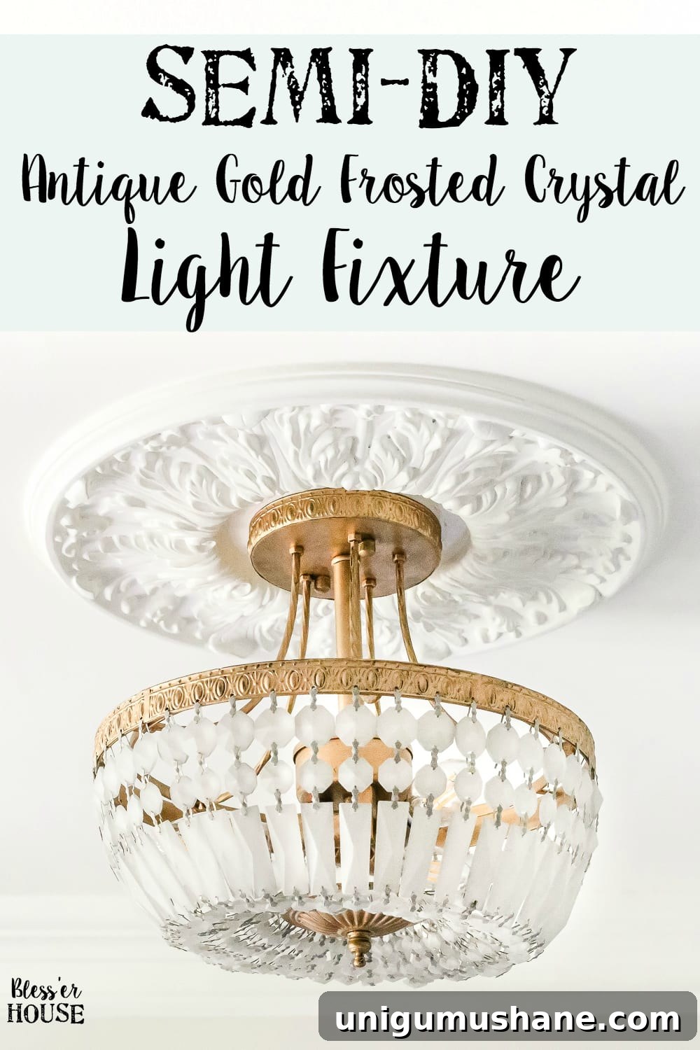 DIY Antique Gold Frosted Crystal Light Fixture Makeover 12 Semi-DIY Antique Gold Frosted Crystal Light Fixture | blesserhouse.com - A quick and simple tutorial for how to makeover a light fixture for an antique gold frosted crystal effect with a high-end designer look at half the price.