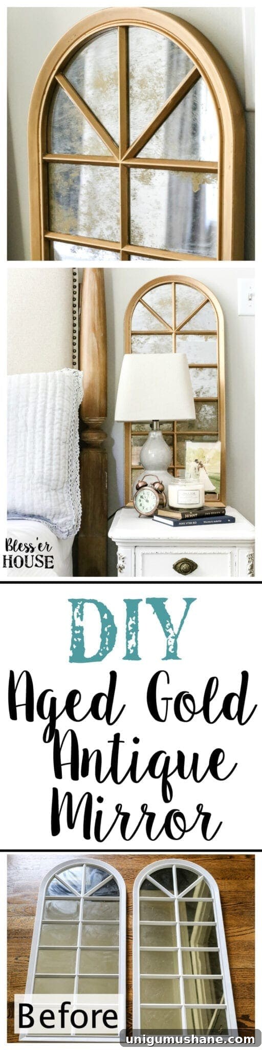 Create an Aged Gold Antique Mirror Finish 12 DIY Antique Gold Mirror Makeover | blesserhouse.com - A DIY tutorial to transform a cheap, plastic mirror to look like an Anthropologie inspired aged gold antique mirror using Rub 'n Buff.