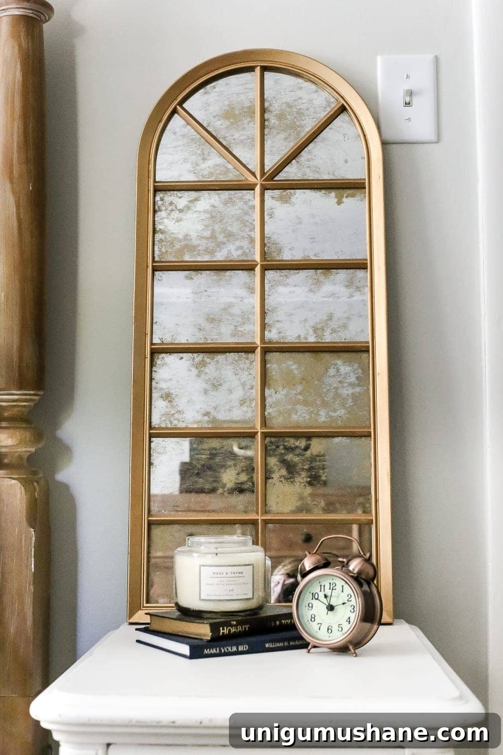 Create an Aged Gold Antique Mirror Finish 9 DIY Aged Gold Antique Mirror Makeover | blesserhouse.com - A DIY tutorial to transform a cheap, plastic mirror to look like an Anthropologie inspired aged gold antique mirror using Rub 'n Buff.