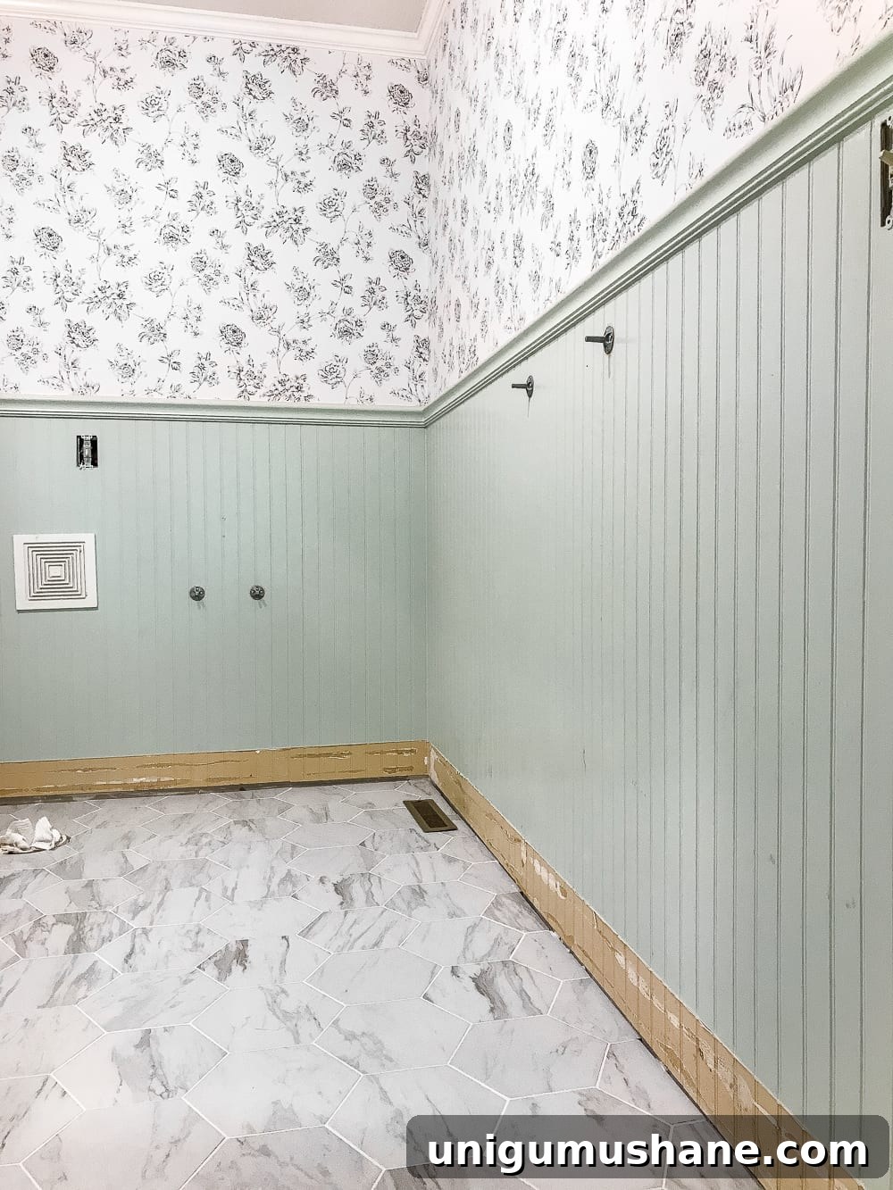 Transform Your Powder Room with Faux Marble Tile Flooring 9 The Best Faux Marble Tile | blesserhouse.com - A dated powder room floor gets a modern classic refresh with faux marble tile & why hiring a contractor is sometimes cheaper than DIY.