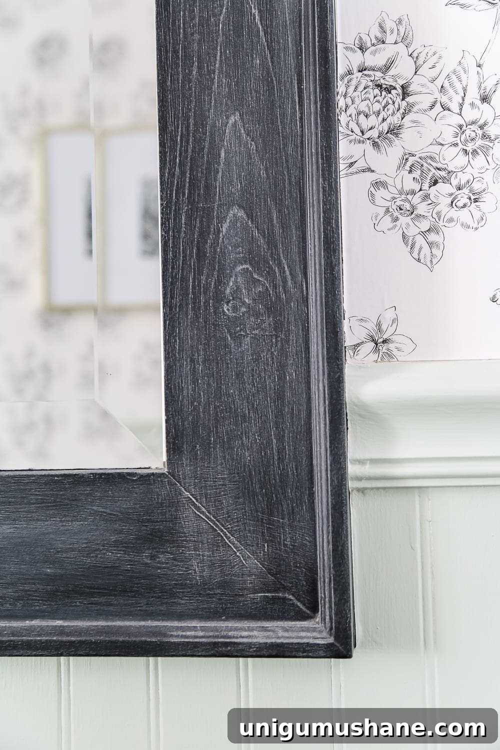 Dry Brushed Black Mirror: DIY Frame Makeover Guide 7 Dry Brushed Black Mirror Makeover | blesserhouse.com - A plain, white painted bathroom mirror gets a high-drama weathered makeover with black paint and dry brushing. (Tutorial)