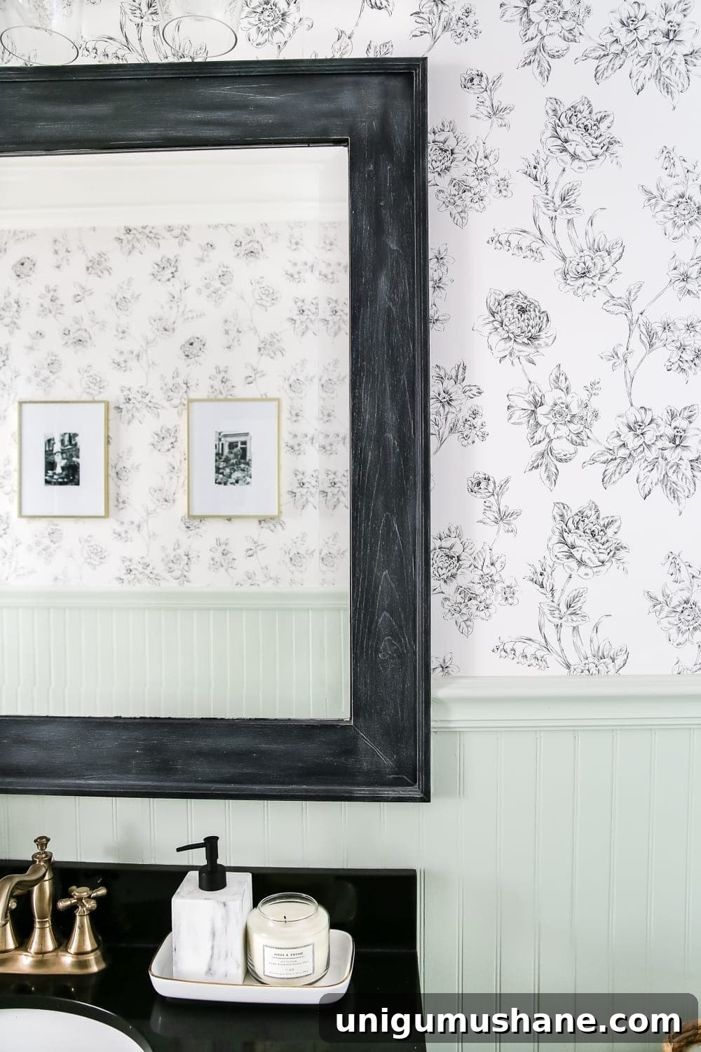 Dry Brushed Black Mirror: DIY Frame Makeover Guide 8 Dry Brushed Black Mirror Makeover | blesserhouse.com - A plain, white painted bathroom mirror gets a high-drama weathered makeover with black paint and dry brushing. (Tutorial)