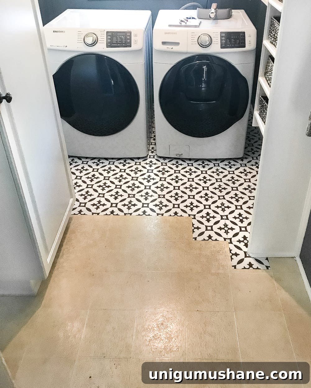 DIY Moroccan Vinyl Tile Flooring Makeover 8 Moroccan vinyl tile floor installation progress in laundry room