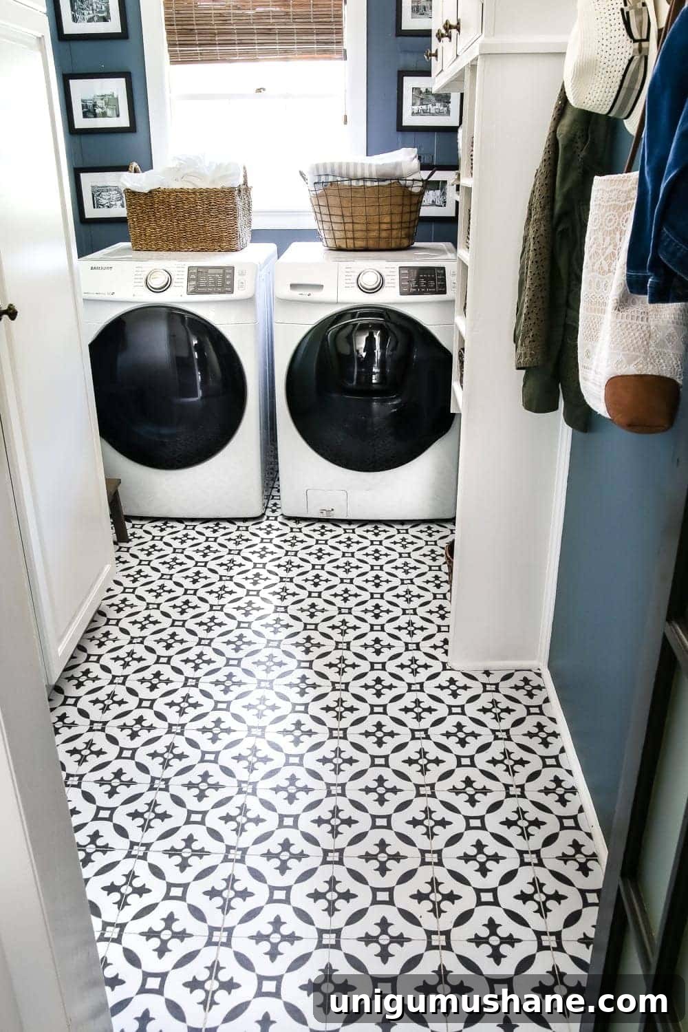 DIY Moroccan Vinyl Tile Flooring Makeover 10 Laundry room floor with Moroccan peel and stick vinyl tiles after curing