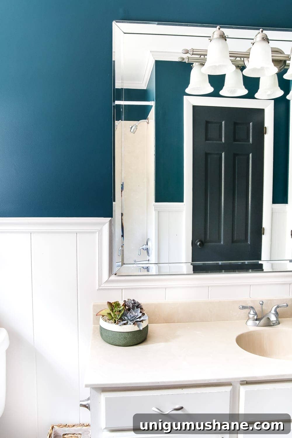 Teal Bathroom Makeover: Paint Ideas, Before and After 4 Teal Painted Bathroom Makeover | blesserhouse.com - A boring, dated beige bathroom gets a fresh teal painted makeover with Magnolia Home Paint in the color Weekend and Ben Moore Simply White and Wrought Iron.