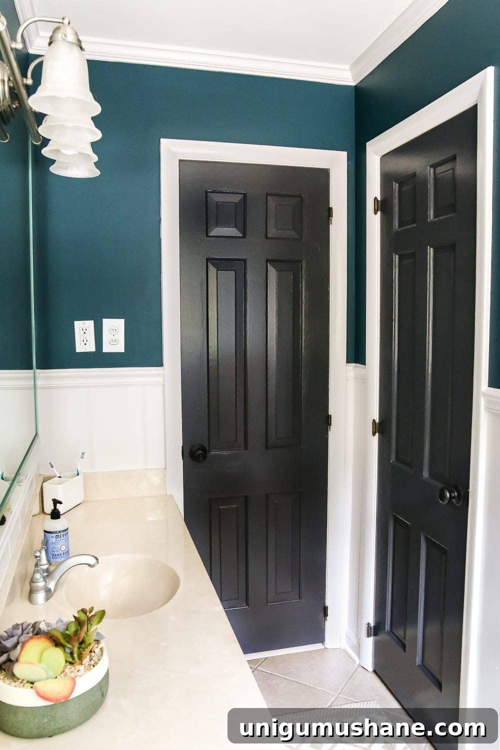 Teal Bathroom Makeover: Paint Ideas, Before and After 5 Teal Painted Bathroom Makeover | blesserhouse.com - A boring, dated beige bathroom gets a fresh teal painted makeover with Magnolia Home Paint in the color Weekend and Ben Moore Simply White and Wrought Iron.