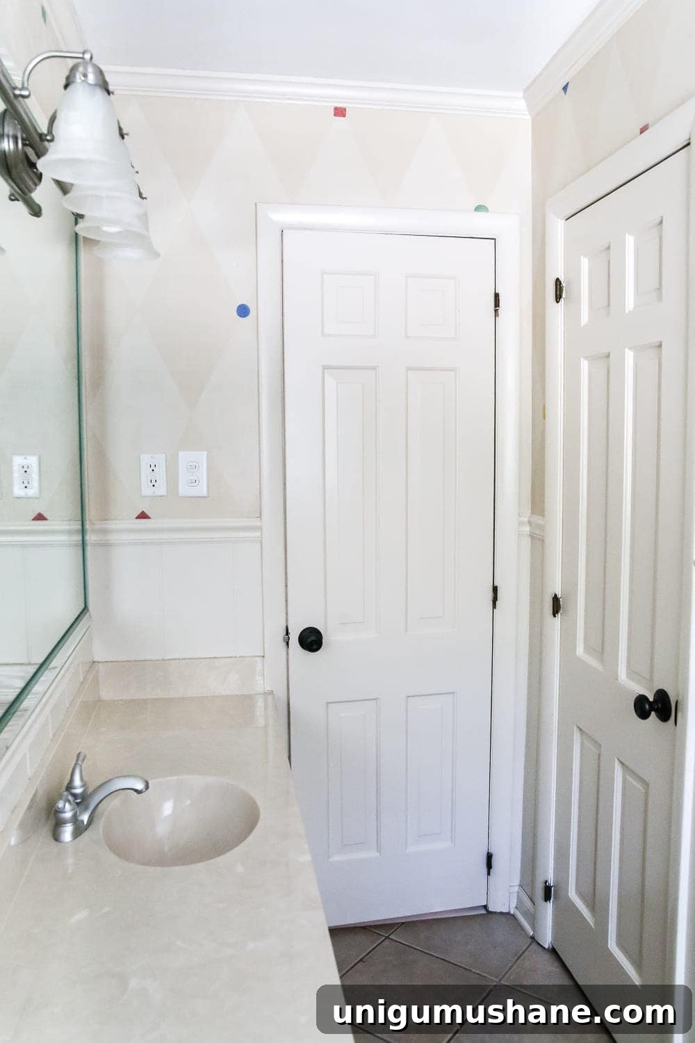 Teal Bathroom Makeover: Paint Ideas, Before and After 6 Teal Painted Bathroom Makeover | blesserhouse.com - A boring, dated beige bathroom gets a fresh teal painted makeover with Magnolia Home Paint in the color Weekend and Ben Moore Simply White and Wrought Iron.