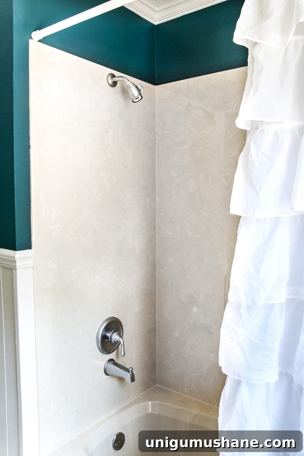 Teal Bathroom Makeover: Paint Ideas, Before and After 7 Teal Painted Bathroom Makeover | blesserhouse.com - A boring, dated beige bathroom gets a fresh teal painted makeover with Magnolia Home Paint in the color Weekend and Ben Moore Simply White and Wrought Iron.