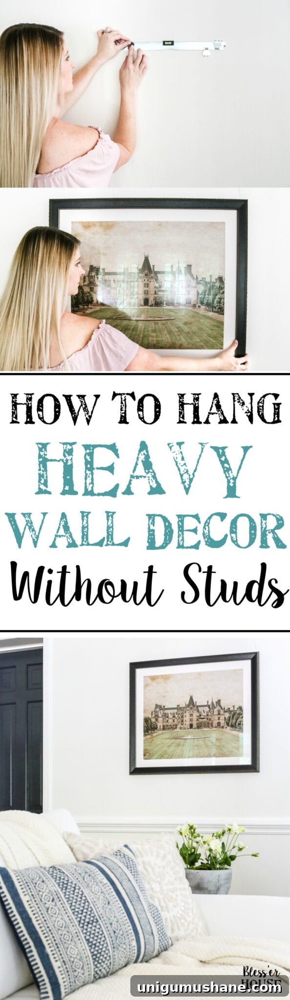 Securely Hang Heavy Wall Decor Without Studs 8 How to Hang Heavy Wall Decor Without Studs | blesserhouse.com - One handy little tool to use when hanging heavy wall decor on drywall that's not on a stud. (With little damage and an easy way to level!)