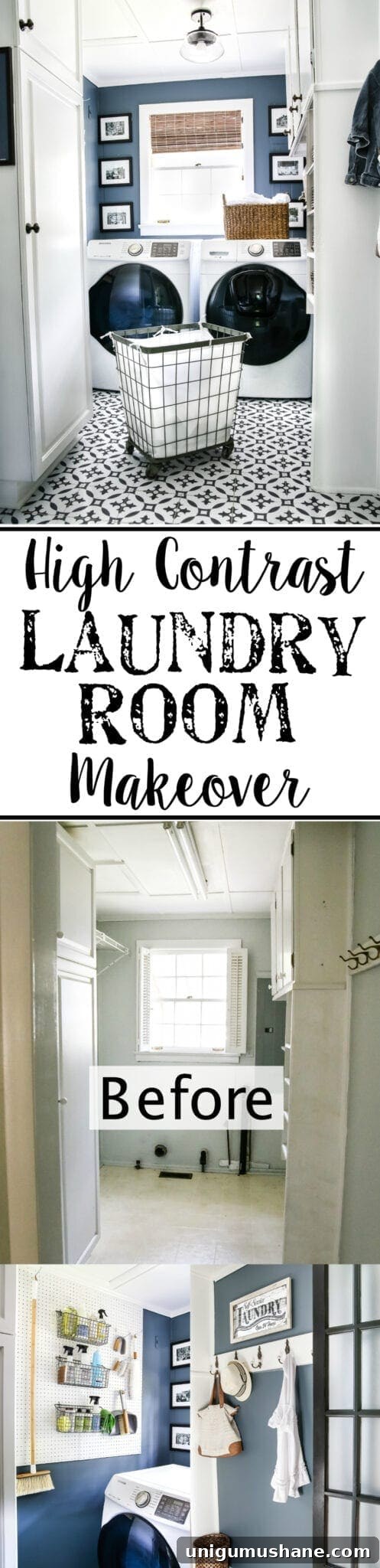 High-Contrast Laundry Room Makeover Before and After 12 High Contrast Laundry Room Makeover | blesserhouse.com - A dingy and dated laundry room gets a high contrast navy and white makeover packed with organizational strategies and budget-conscious DIY projects.