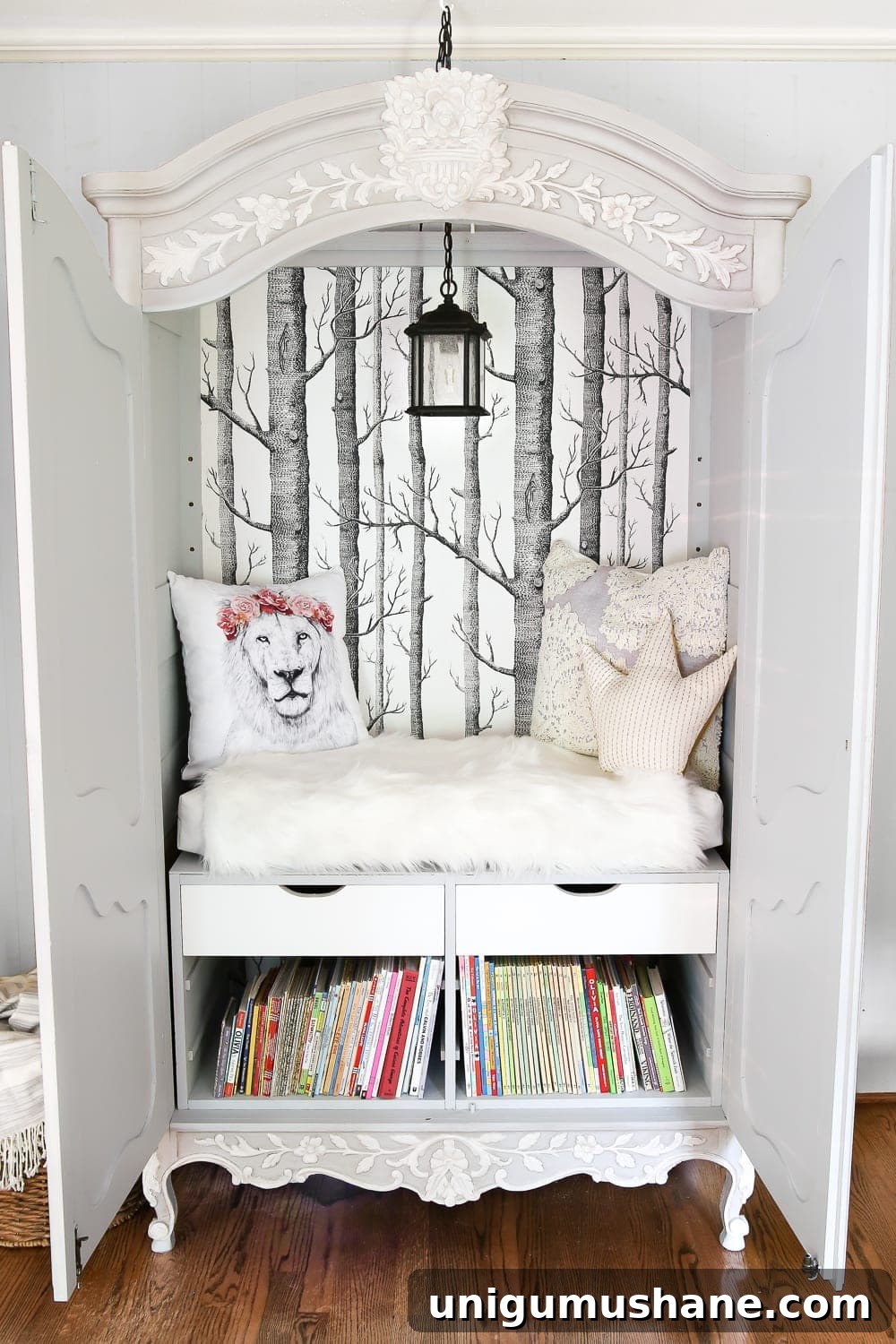 How to Build a Narnia-Inspired Wardrobe Reading Nook 13 DIY Narnia Wardrobe Reading Nook | blesserhouse.com - A plain, thrifted armoire gets a sweet, fairytale-like makeover as a reading nook based on the story of The Lion, the Witch, and the Wardrobe.