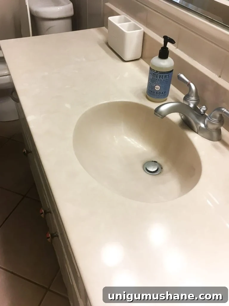 How to Paint a Bathroom Sink Countertop 3 painted white countertop close-up