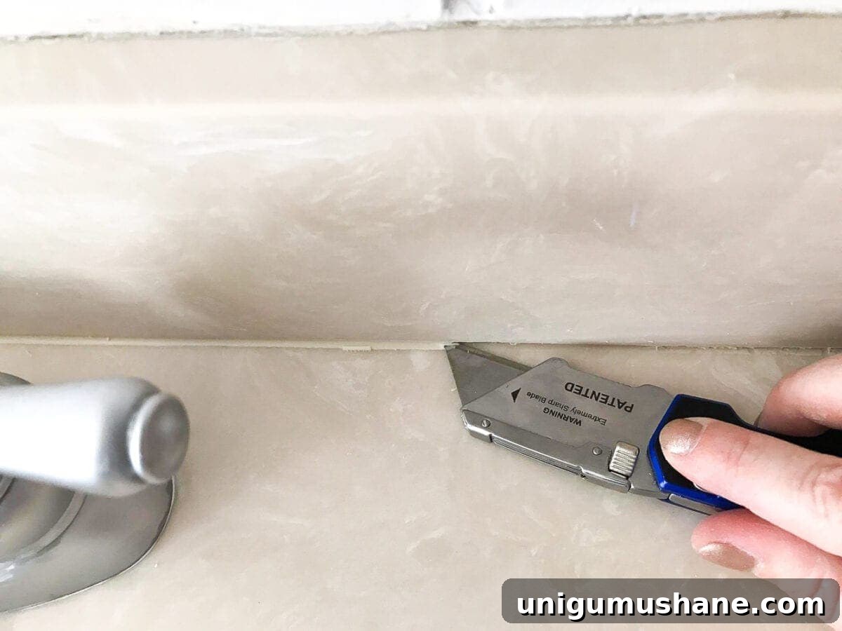 How to Paint a Bathroom Sink Countertop 9 scraping away caulk for painting a countertop