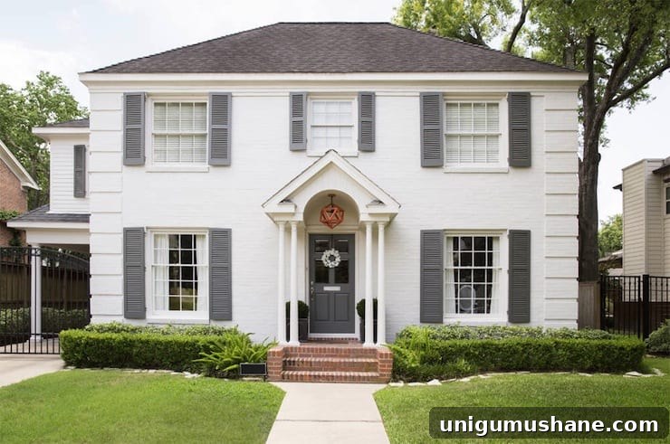 Limewash Brick Exterior Plans | blesserhouse.com - A full exterior brick house makeover plan using real slaked limewash paint and trim color options for a classic European look.