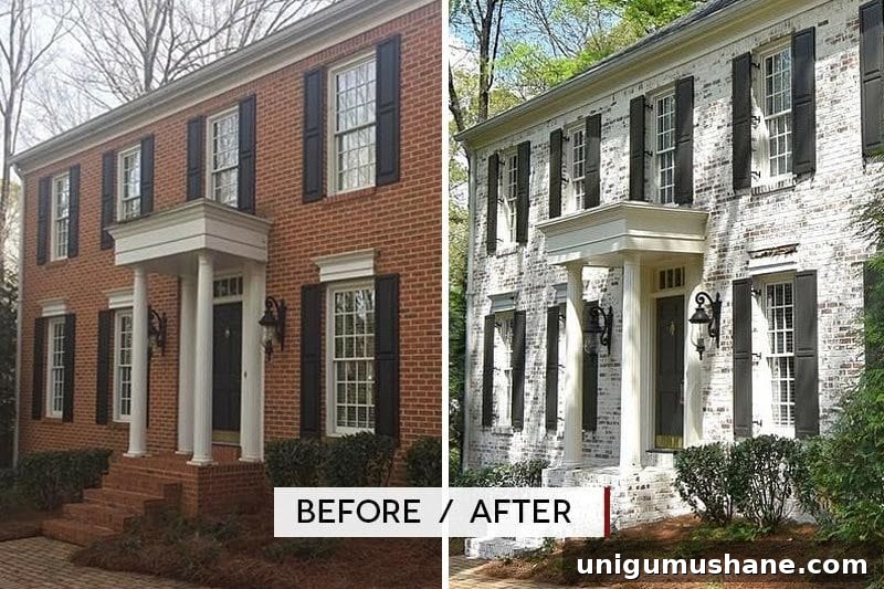 Limewash Brick Exterior Plans | blesserhouse.com - A full exterior brick house makeover plan using real slaked limewash paint and trim color options for a classic European look.