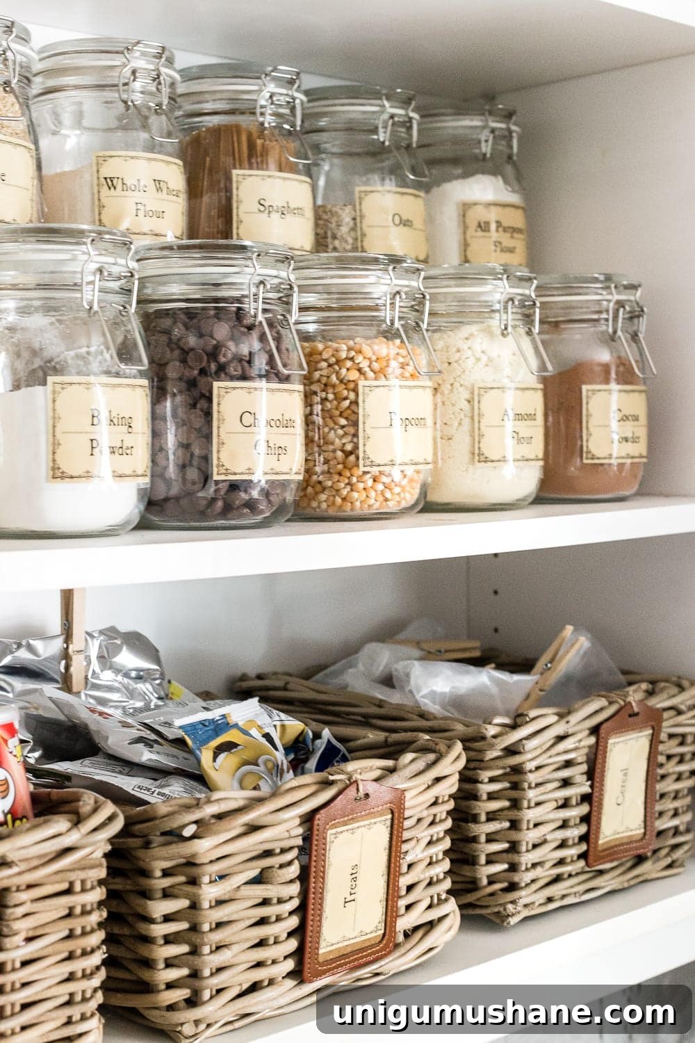 Organize Your Pantry Cabinet with Free Printable Labels 11 Pantry Cabinet Organization and Free Printable Label Set | blesserhouse.com - A cabinet gets a drastic organization makeover using inexpensive IKEA jars / baskets, hanging storage, and a free pantry label printable set. #organization