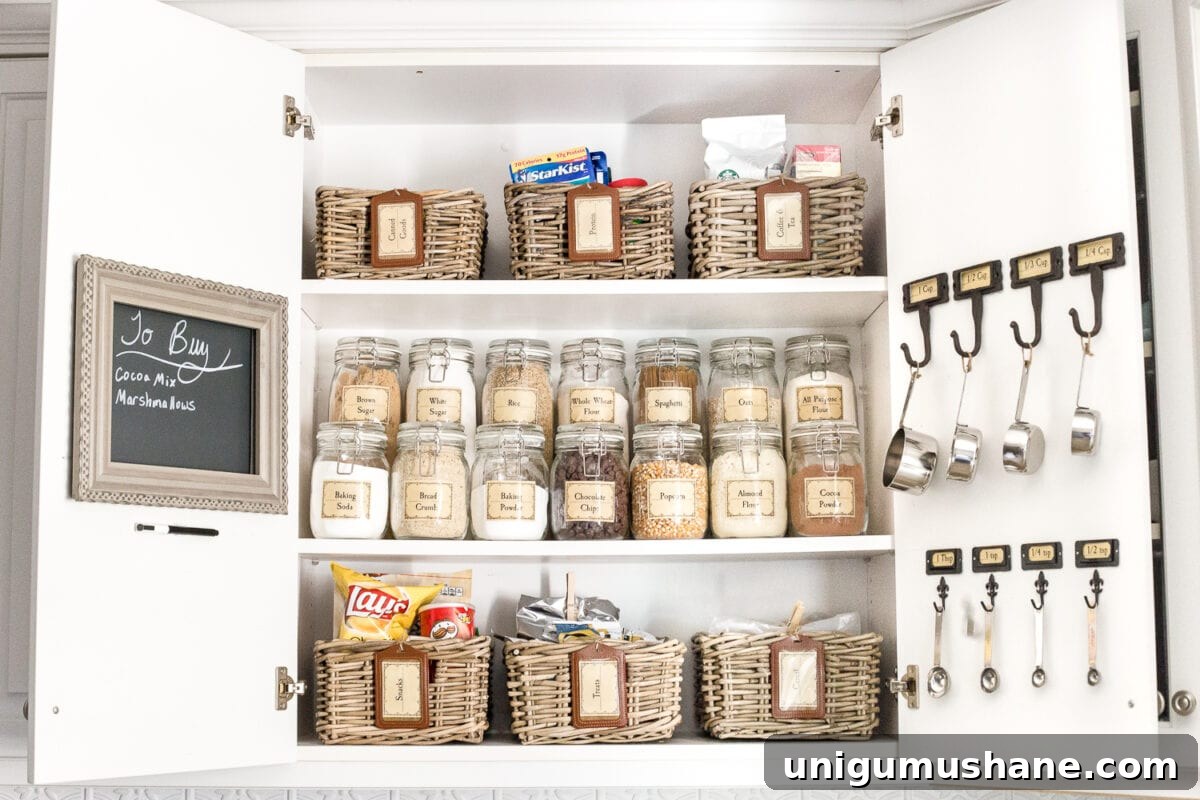 Organize Your Pantry Cabinet with Free Printable Labels 7 Pantry Cabinet Organization and Free Printable Label Set | blesserhouse.com - A cabinet gets a drastic organization makeover using inexpensive IKEA jars / baskets, hanging storage, and a free pantry label printable set. #organization