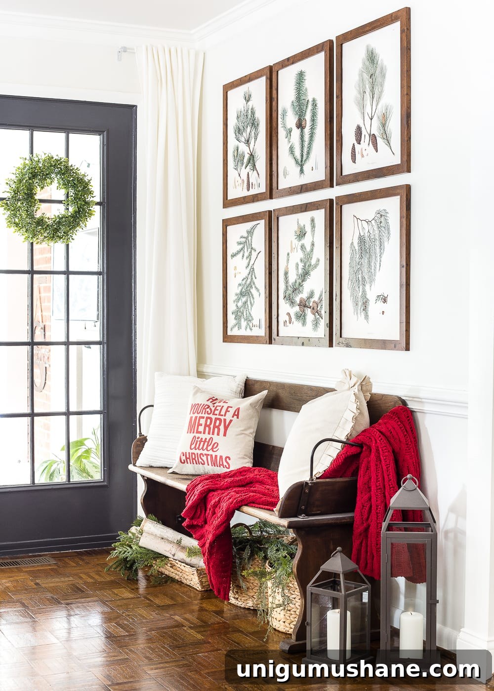 Printable Winter Botanical Gallery Wall Art 2 Winter Botanical Gallery Wall Printables | blesserhouse.com - A Christmas entryway bench and a free downloadable set of winter evergreen botanical prints for a printable gallery wall #christmasprintable #christmasentryway #botanicalprints #gallerywall