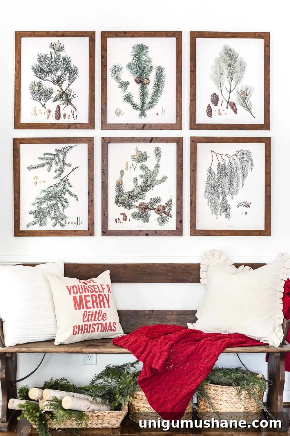 Printable Winter Botanical Gallery Wall Art 3 Winter Botanical Gallery Wall Printables | blesserhouse.com - A Christmas entryway bench and a free downloadable set of winter evergreen botanical prints for a printable gallery wall #christmasprintable #christmasentryway #botanicalprints #gallerywall