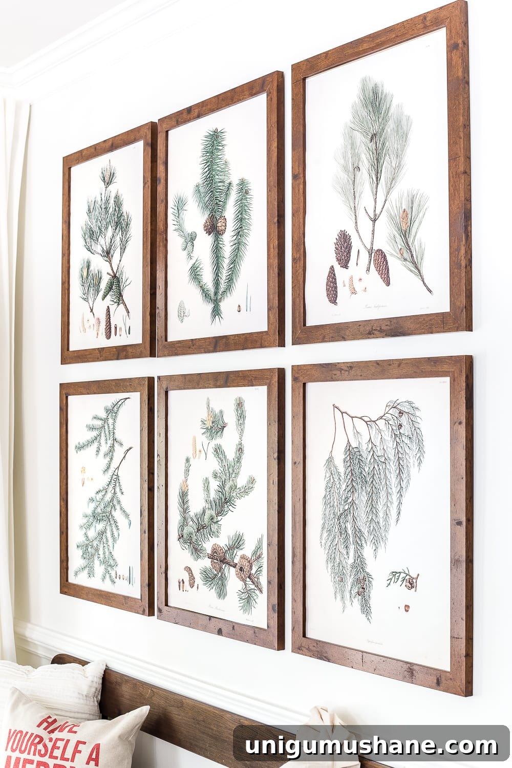 Printable Winter Botanical Gallery Wall Art 4 Winter Botanical Gallery Wall Printables | blesserhouse.com - A Christmas entryway bench and a free downloadable set of winter evergreen botanical prints for a printable gallery wall #christmasprintable #christmasentryway #botanicalprints #gallerywall