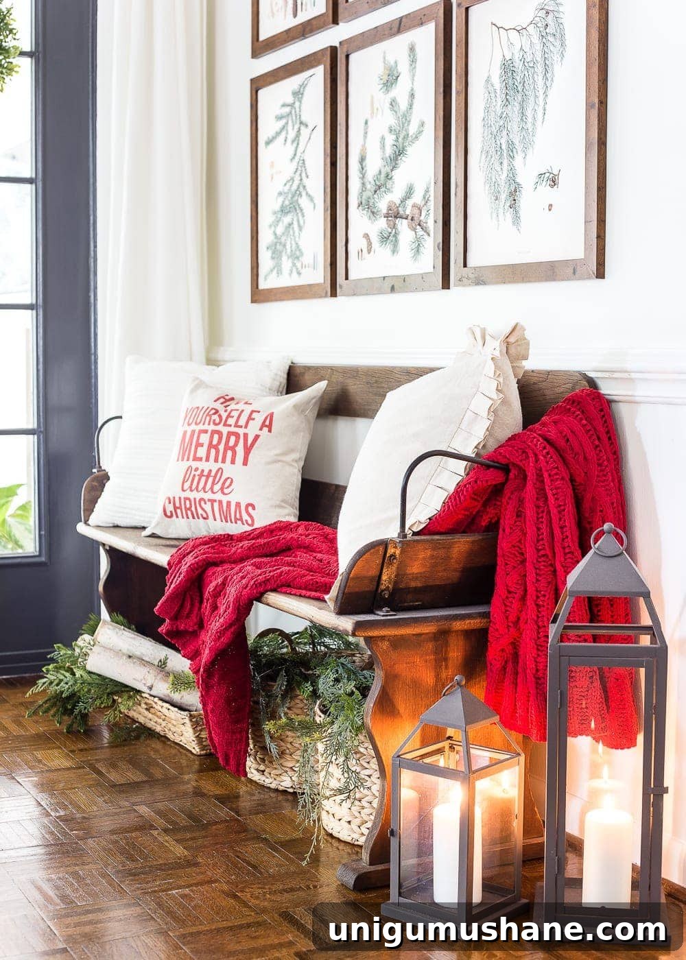 Printable Winter Botanical Gallery Wall Art 5 Winter Botanical Gallery Wall Printables | blesserhouse.com - A Christmas entryway bench and a free downloadable set of winter evergreen botanical prints for a printable gallery wall #christmasprintable #christmasentryway #botanicalprints #gallerywall
