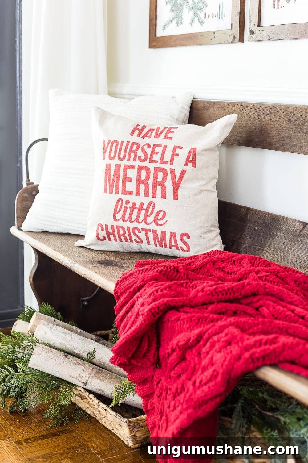 Printable Winter Botanical Gallery Wall Art 6 Winter Botanical Gallery Wall Printables | blesserhouse.com - A Christmas entryway bench and a free downloadable set of winter evergreen botanical prints for a printable gallery wall #christmasprintable #christmasentryway #botanicalprints #gallerywall