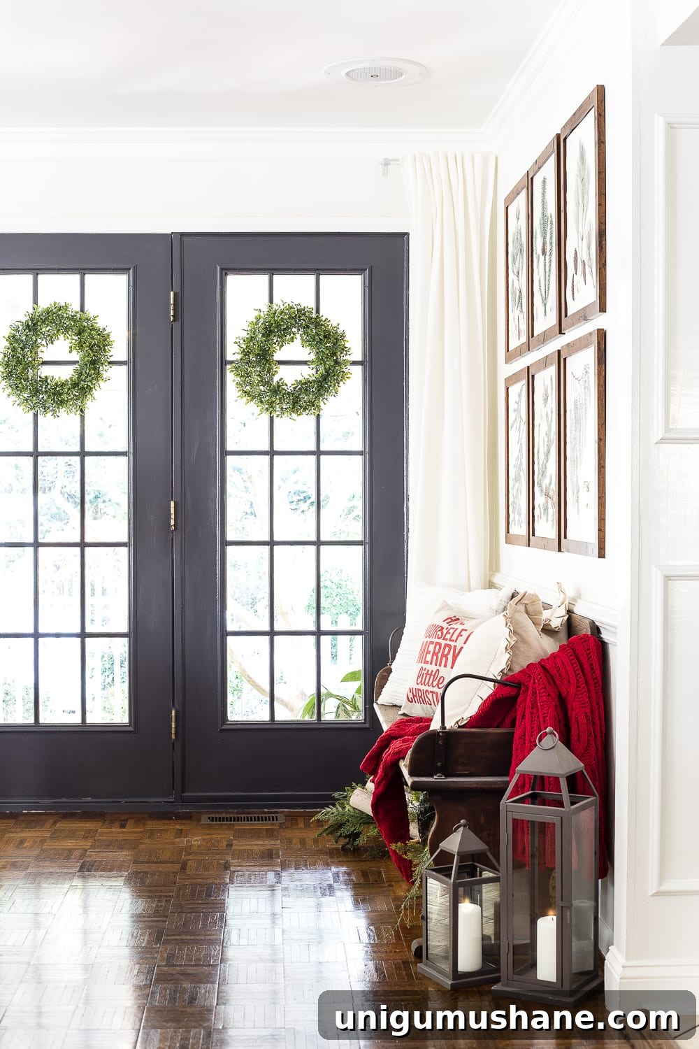Printable Winter Botanical Gallery Wall Art 7 Winter Botanical Gallery Wall Printables | blesserhouse.com - A Christmas entryway bench and a free downloadable set of winter evergreen botanical prints for a printable gallery wall #christmasprintable #christmasentryway #botanicalprints #gallerywall