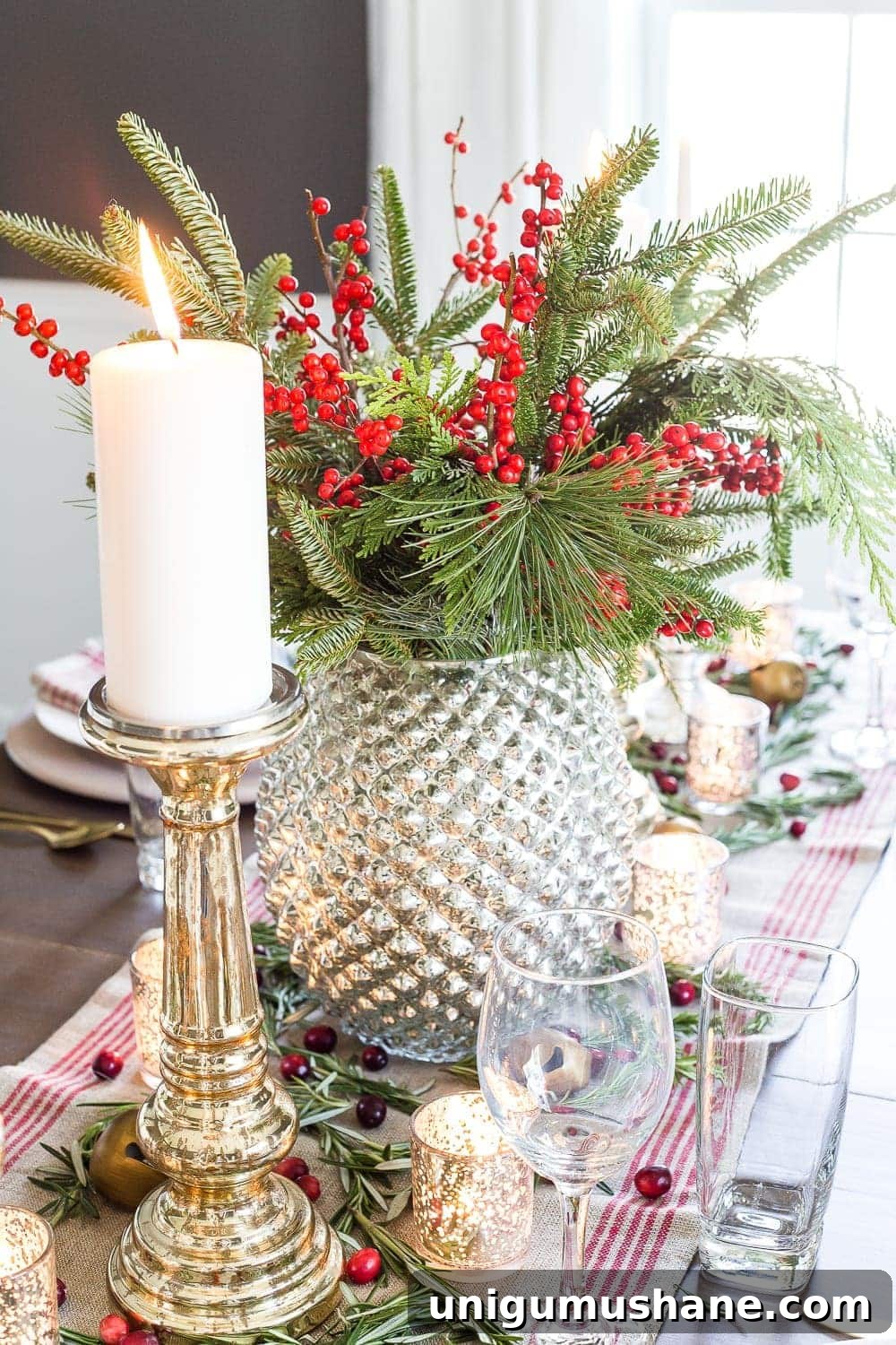 Sparkling Mercury Glass Christmas Tablescape Ideas 10 Mercury Glass Christmas Tablescape | blesserhouse.com - How to set up a vintage glam mercury glass Christmas tablescape with tips and sources for how to do it on a budget. #christmasdecor #christmastablescape #holidaydecor #christmasdiningroom