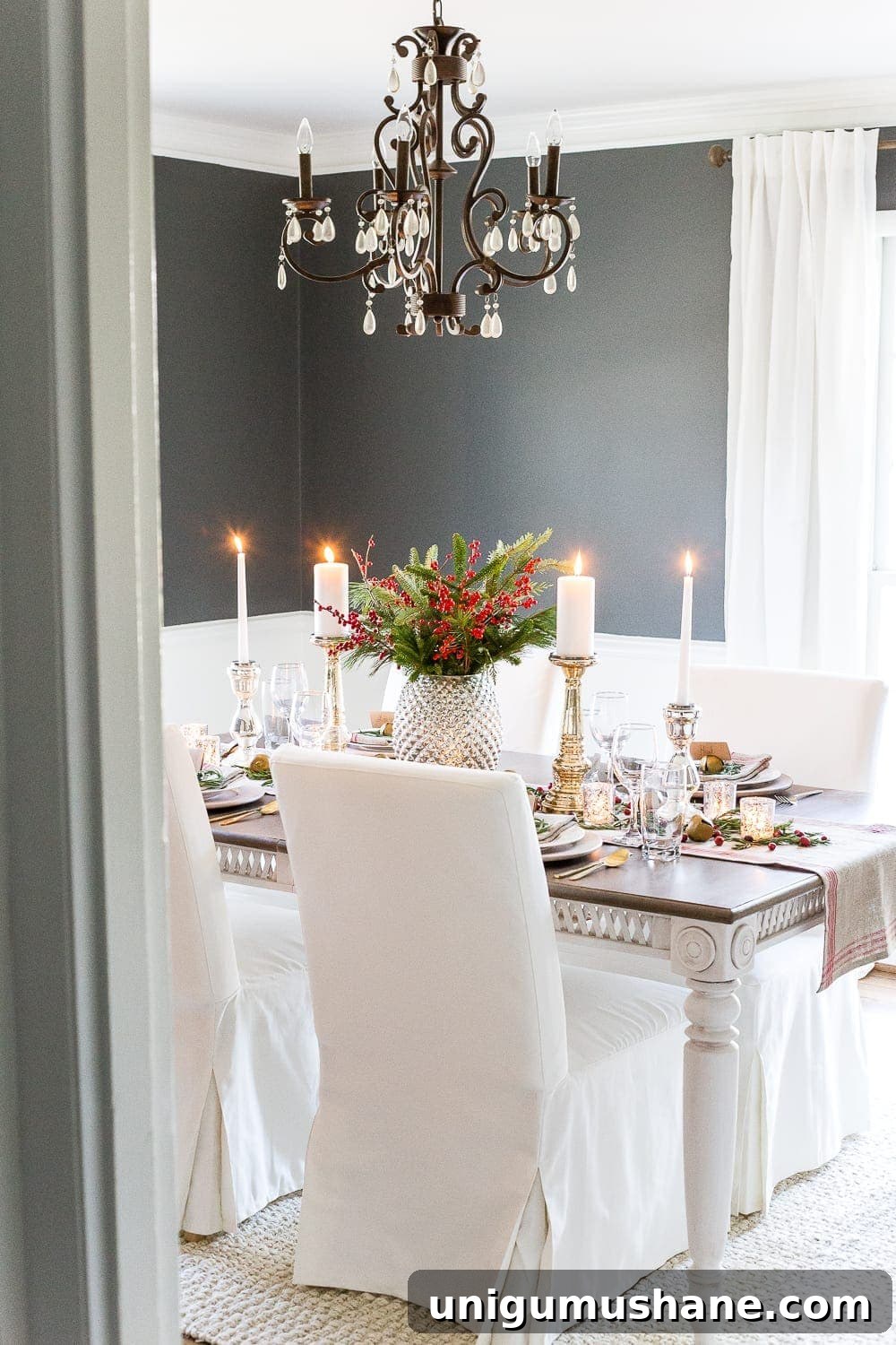 Sparkling Mercury Glass Christmas Tablescape Ideas 11 Mercury Glass Christmas Tablescape | blesserhouse.com - How to set up a vintage glam mercury glass Christmas tablescape with tips and sources for how to do it on a budget. #christmasdecor #christmastablescape #holidaydecor #christmasdiningroom