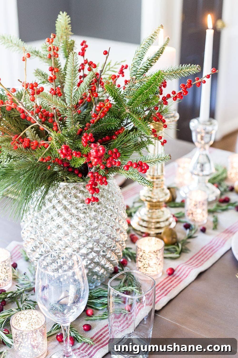 Sparkling Mercury Glass Christmas Tablescape Ideas 5 Mercury Glass Christmas Tablescape | blesserhouse.com - How to set up a vintage glam mercury glass Christmas tablescape with tips and sources for how to do it on a budget. #christmasdecor #christmastablescape #holidaydecor #christmasdiningroom