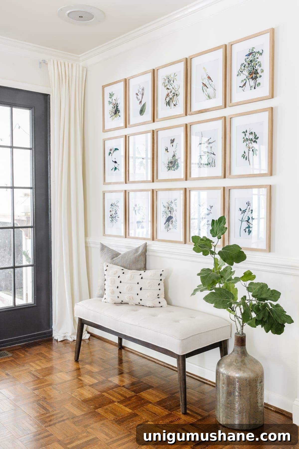 grid gallery wall with bird art audobon prints