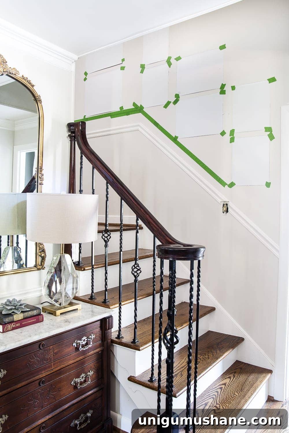 wrapping paper templates to make a gallery wall on stairs