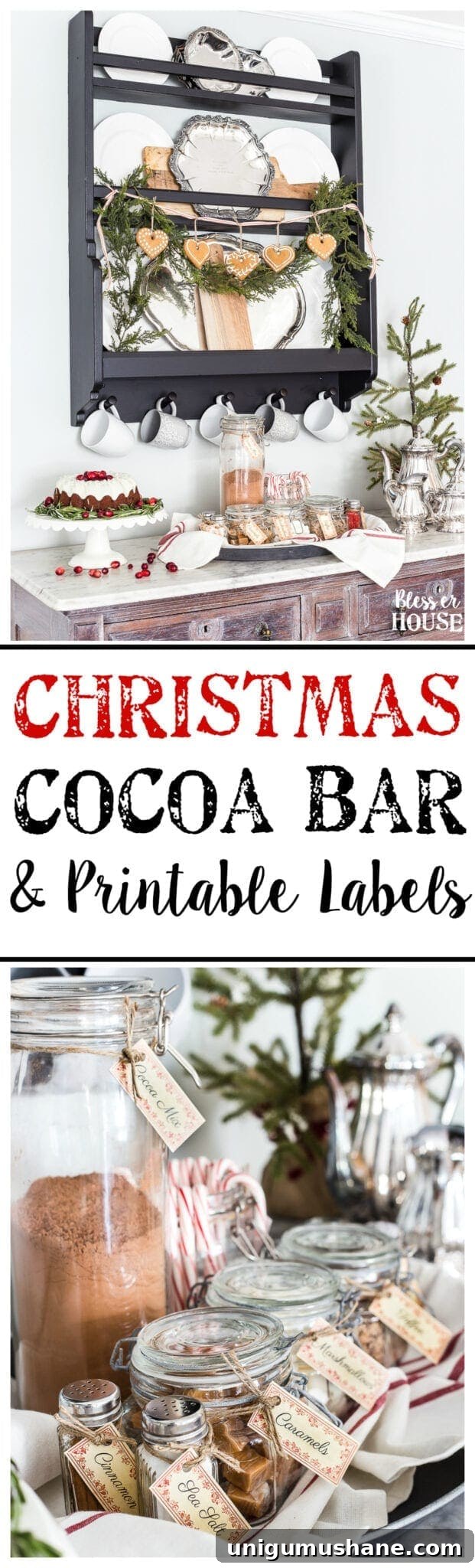 Cozy Hot Chocolate Bar Ideas with Free Printable Labels 14 Cozy Hot Cocoa Bar & Printable Labels | blesserhouse.com - A cozy hot cocoa bar vignette set up for Christmas plus a free printable label set for toppings and mix-ins. #cocoabar #Christmasdecor #Christmaskitchen #printablelabels