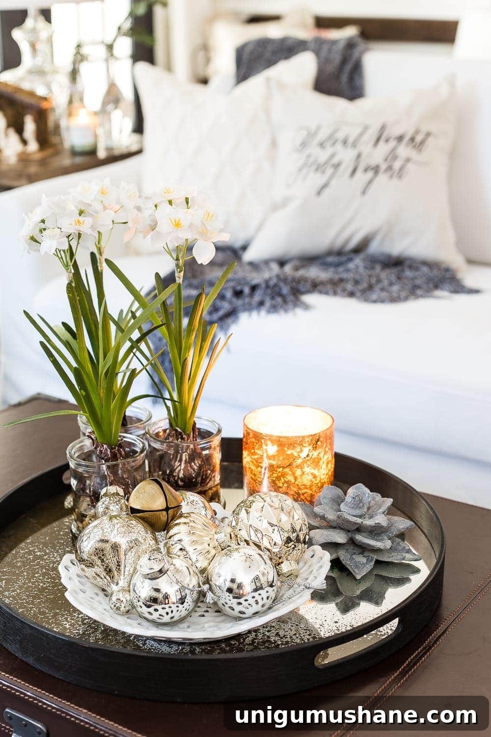 Christmas Living Room Decor Ideas for a Simple Seasonal Look 13 Seasonal Simplicity Christmas Living Room | blesserhouse.com - A tour of a neutral Christmas living room with simple, natural decor, mercury glass, and a modern rustic vibe. #christmaslivingroom #neutralchristmas #christmasdecor