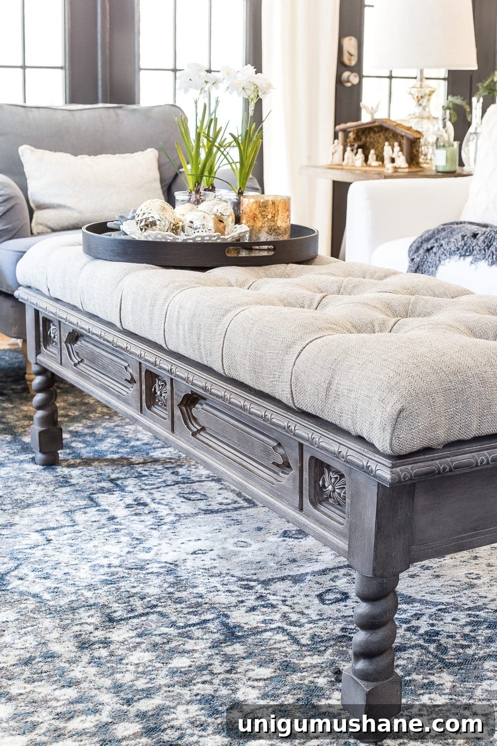 How to Turn a Coffee Table into an Ottoman Bench 22 DIY tufted ottoman detail