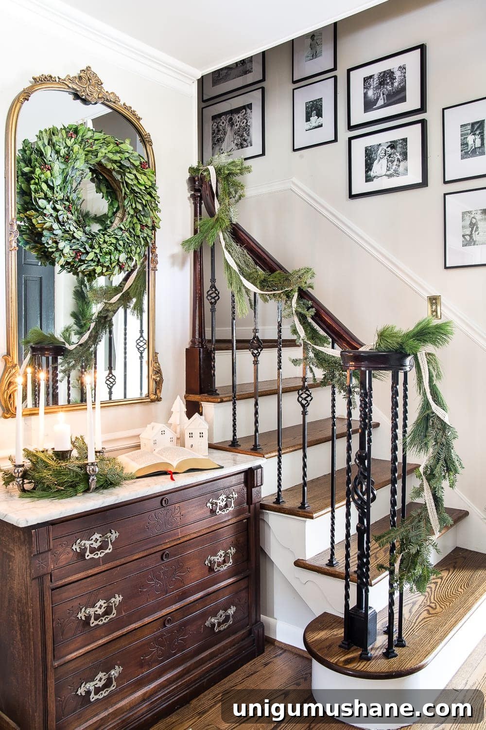 Classic Christmas Foyer Decorating Ideas 3 Classic Christmas Foyer | blesserhouse.com - A classic traditional entryway / foyer decorated for Christmas using fresh pine and holly greenery and a St. Lucia Day Advent wreath. #christmasfoyer #classicdecor #traditionalchristmas