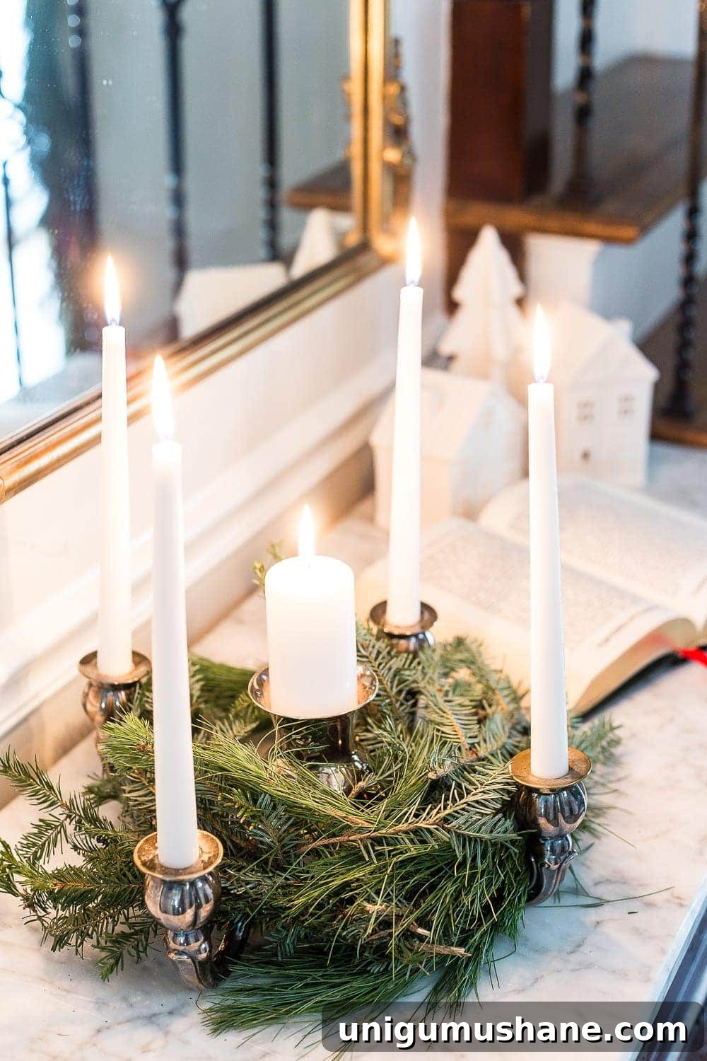 Classic Christmas Foyer Decorating Ideas 4 Classic Christmas Foyer | blesserhouse.com - A classic traditional entryway / foyer decorated for Christmas using fresh pine and holly greenery and a St. Lucia Day Advent wreath. #christmasfoyer #classicdecor #traditionalchristmas