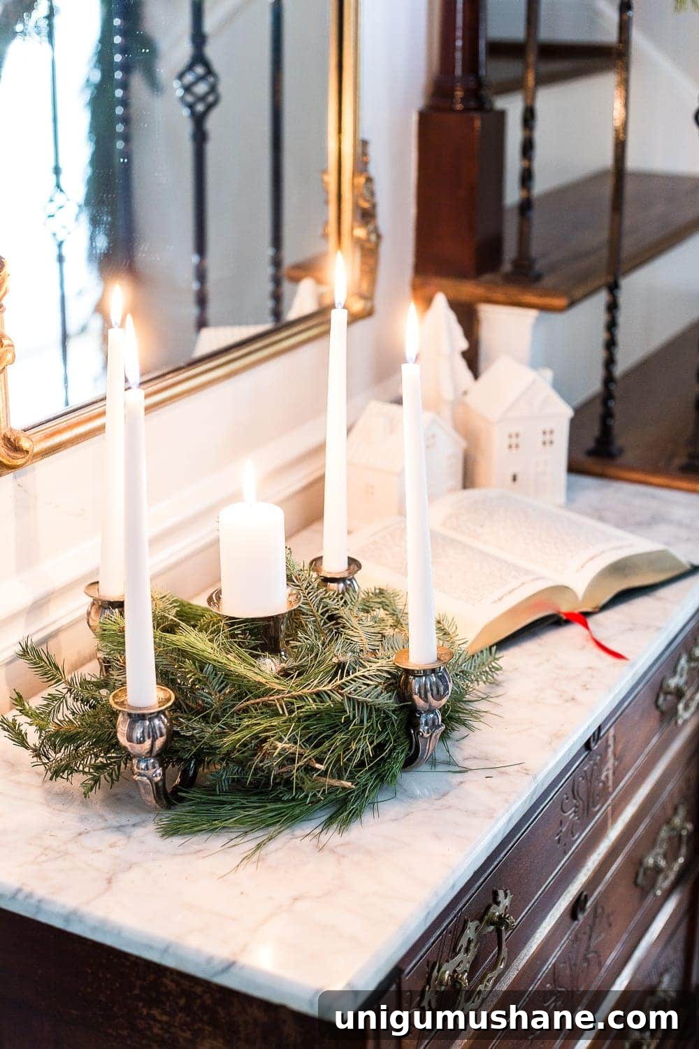 Classic Christmas Foyer Decorating Ideas 5 Classic Christmas Foyer | blesserhouse.com - A classic traditional entryway / foyer decorated for Christmas using fresh pine and holly greenery and a St. Lucia Day Advent wreath. #christmasfoyer #classicdecor #traditionalchristmas