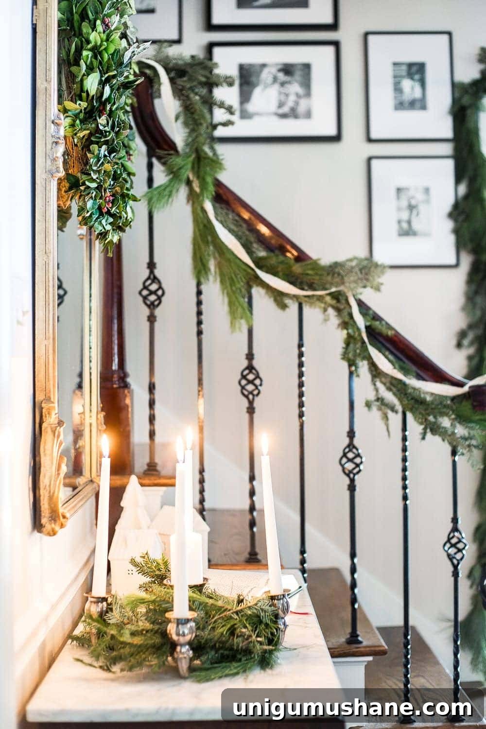 Classic Christmas Foyer Decorating Ideas 6 Classic Christmas Foyer | blesserhouse.com - A classic traditional entryway / foyer decorated for Christmas using fresh pine and holly greenery and a St. Lucia Day Advent wreath. #christmasfoyer #classicdecor #traditionalchristmas