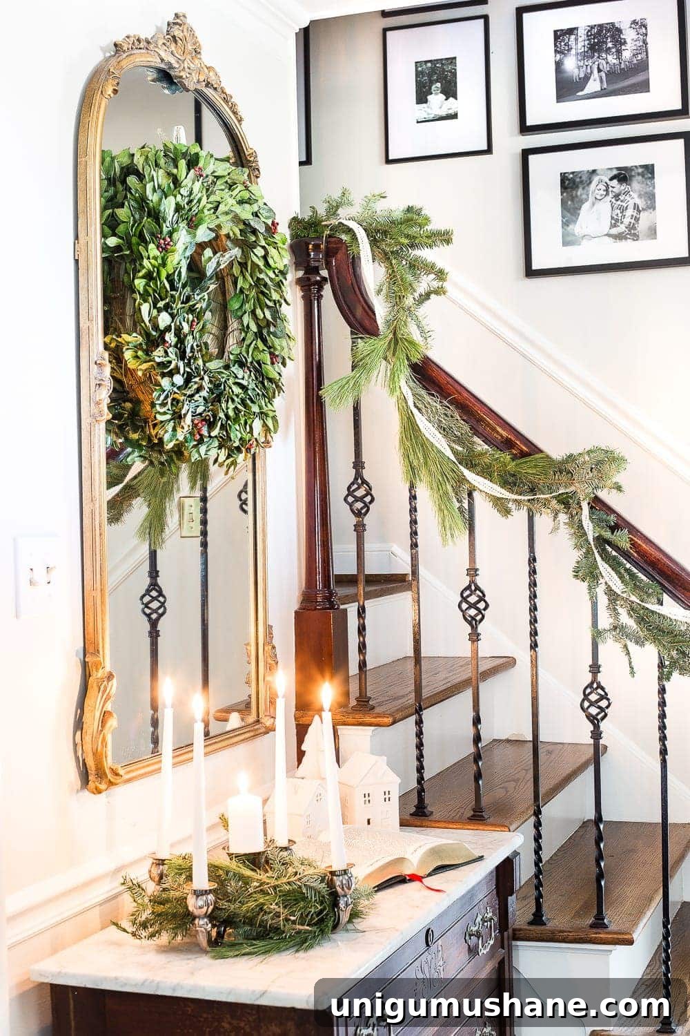 Classic Christmas Foyer Decorating Ideas 7 Classic Christmas Foyer | blesserhouse.com - A classic traditional entryway / foyer decorated for Christmas using fresh pine and holly greenery and a St. Lucia Day Advent wreath. #christmasfoyer #classicdecor #traditionalchristmas