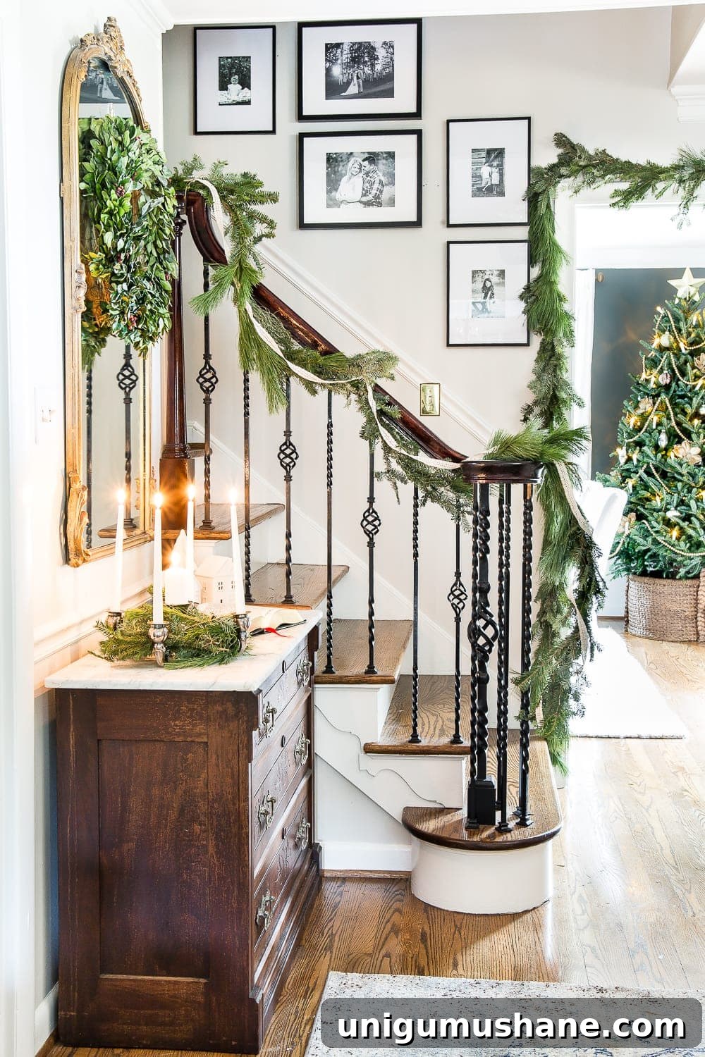 Classic Christmas Foyer Decorating Ideas 8 Classic Christmas Foyer | blesserhouse.com - A classic traditional entryway / foyer decorated for Christmas using fresh pine and holly greenery and a St. Lucia Day Advent wreath. #christmasfoyer #classicdecor #traditionalchristmas