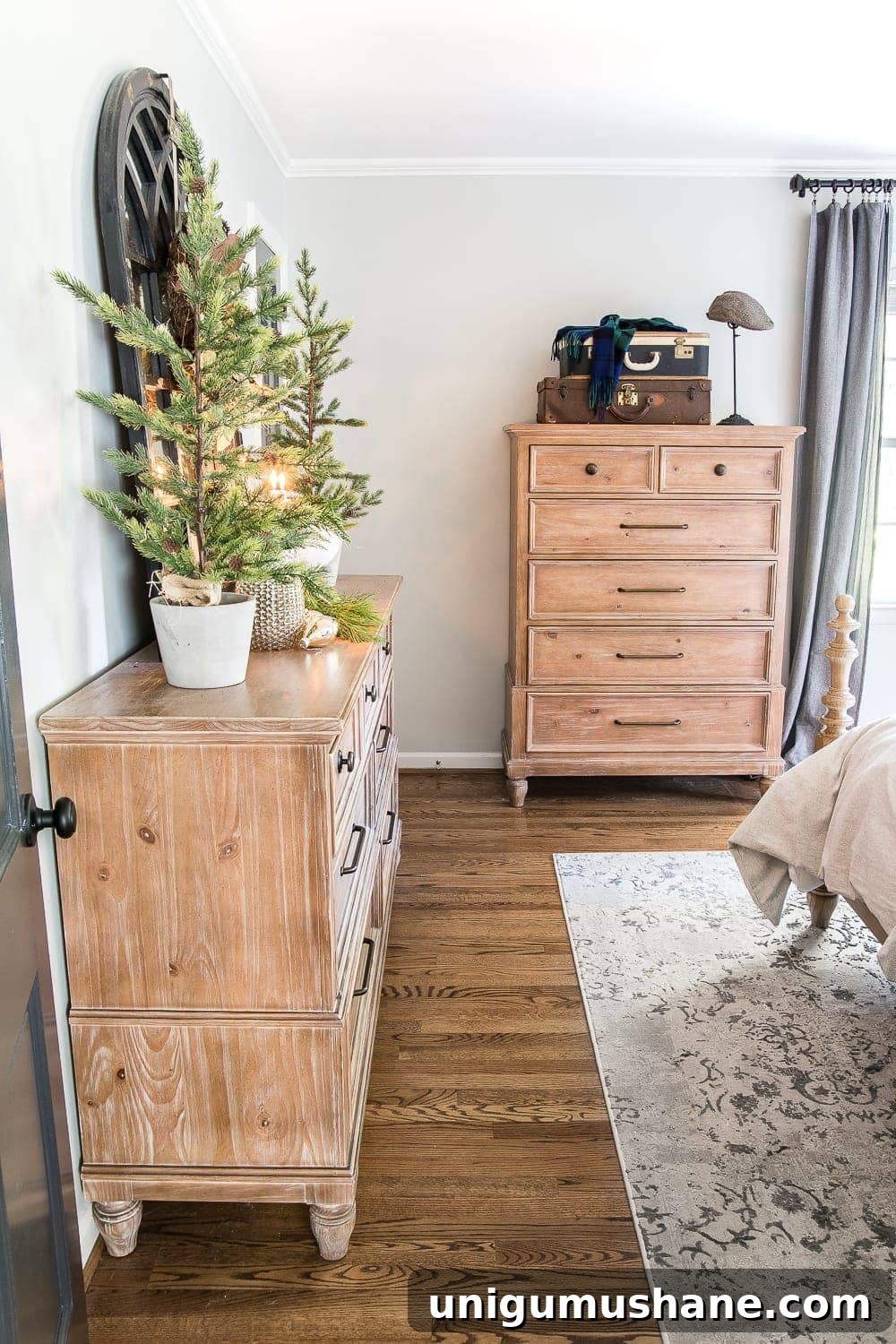 Cozy Blue and Neutral Christmas Bedroom Decor Ideas 12 Blue Christmas Bedroom | blesserhouse.com - A master bedroom decorated for Christmas with neutrals, blues, and greens that transitions easily into winter. #christmasbedroom #bluechristmas