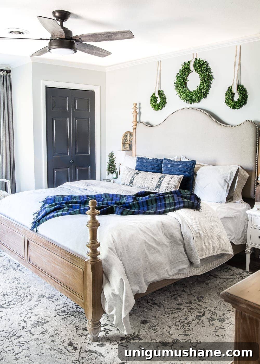 Cozy Blue and Neutral Christmas Bedroom Decor Ideas 13 Blue Christmas Bedroom | blesserhouse.com - A master bedroom decorated for Christmas with neutrals, blues, and greens that transitions easily into winter. #christmasbedroom #bluechristmas