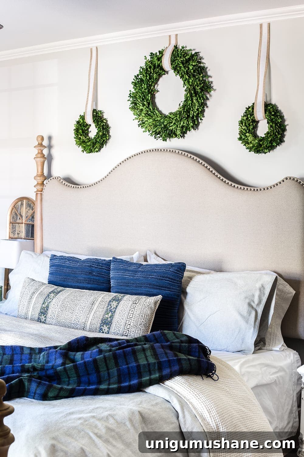 Cozy Blue and Neutral Christmas Bedroom Decor Ideas 3 Blue Christmas Bedroom | blesserhouse.com - A master bedroom decorated for Christmas with neutrals, blues, and greens that transitions easily into winter. #christmasbedroom #bluechristmas