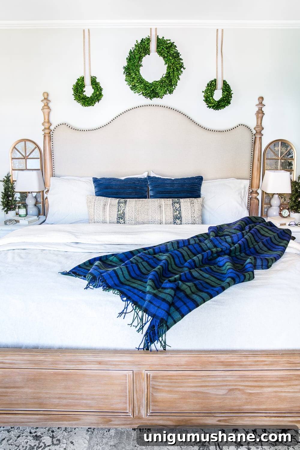 Cozy Blue and Neutral Christmas Bedroom Decor Ideas 4 Blue Christmas Bedroom | blesserhouse.com - A master bedroom decorated for Christmas with neutrals, blues, and greens that transitions easily into winter. #christmasbedroom #bluechristmas