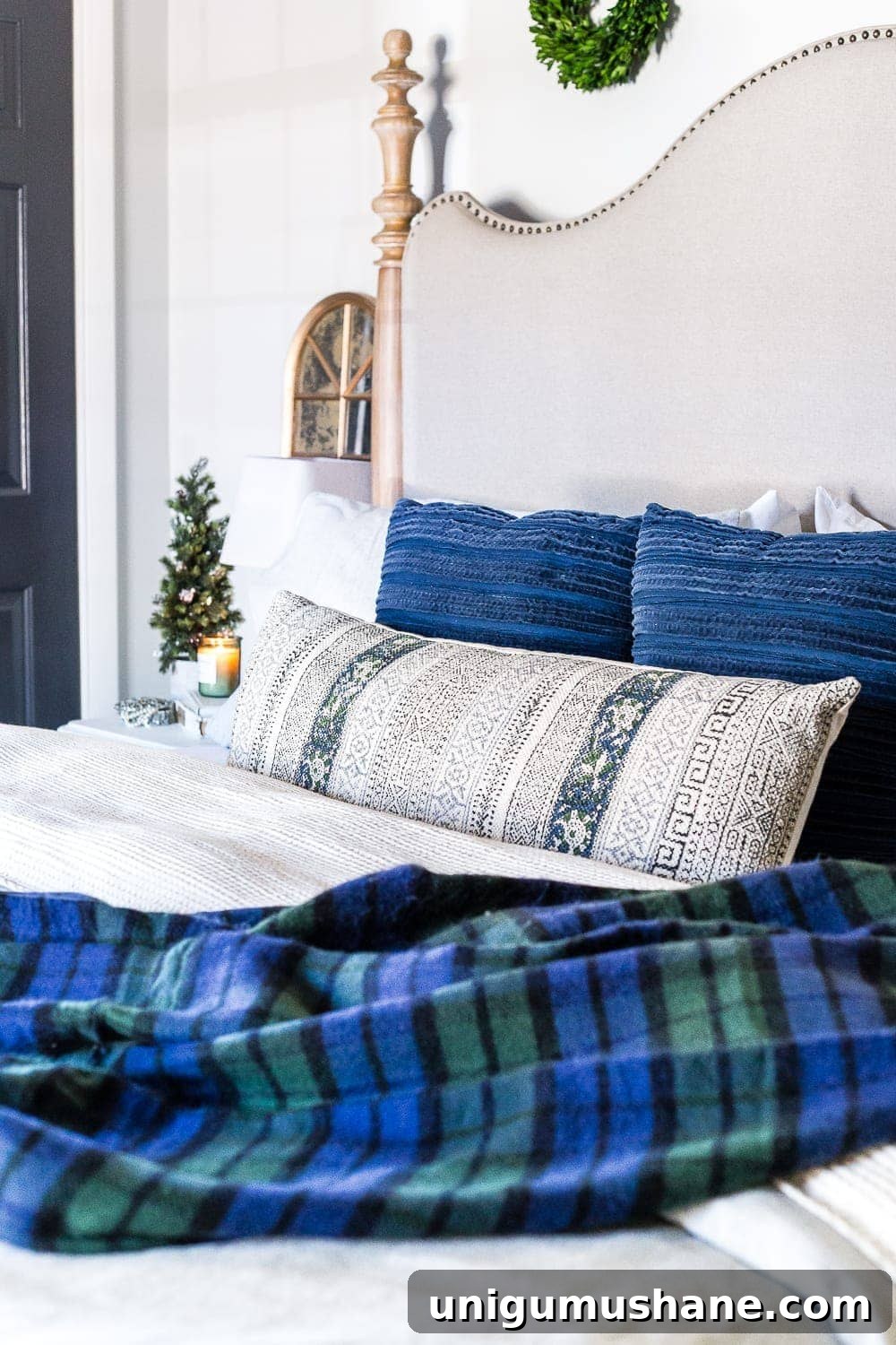 Cozy Blue and Neutral Christmas Bedroom Decor Ideas 5 Blue Christmas Bedroom | blesserhouse.com - A master bedroom decorated for Christmas with neutrals, blues, and greens that transitions easily into winter. #christmasbedroom #bluechristmas