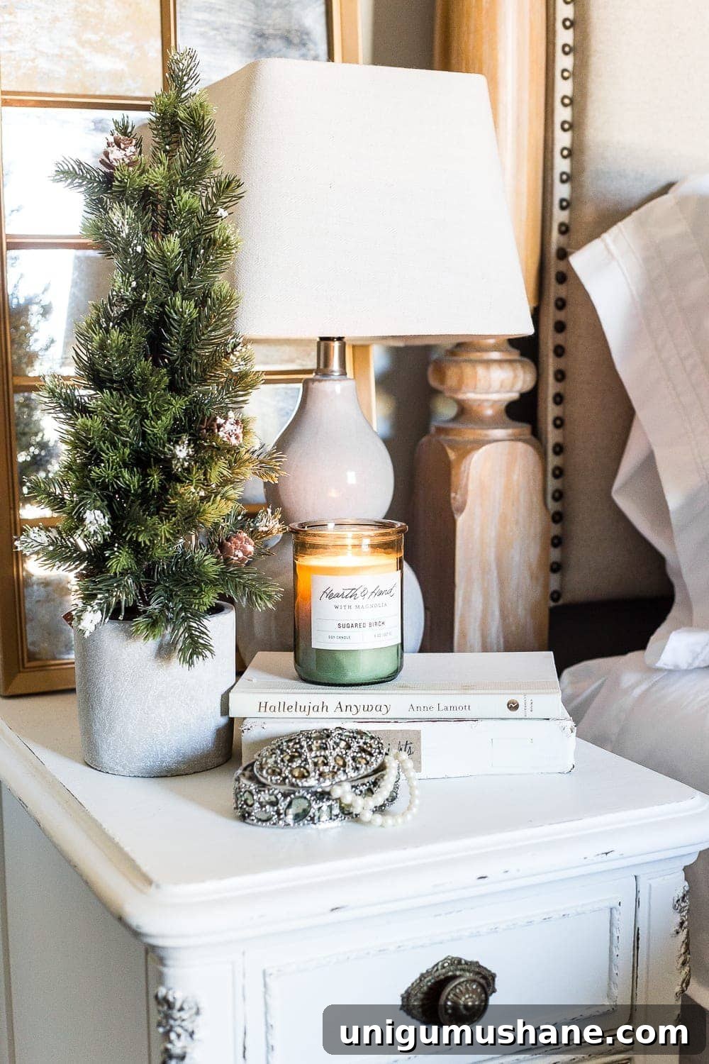 Cozy Blue and Neutral Christmas Bedroom Decor Ideas 6 Blue Christmas Bedroom | blesserhouse.com - A master bedroom decorated for Christmas with neutrals, blues, and greens that transitions easily into winter. #christmasbedroom #bluechristmas