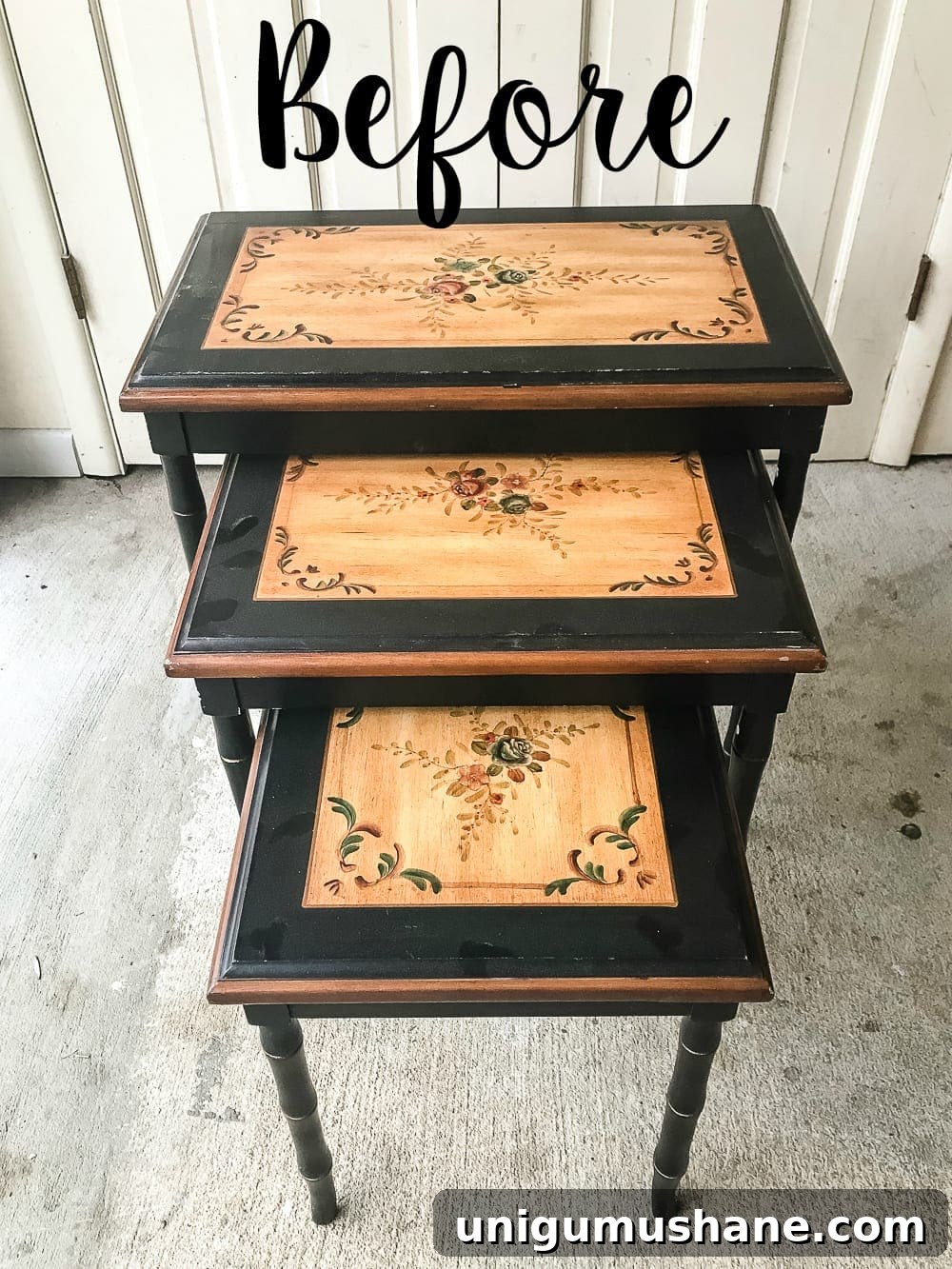 DIY Faux Bone Inlay Nesting Tables Makeover 2 Faux Bone Inlay Nesting Tables Makeover | blesserhouse.com - How to stencil furniture to look like an Indian bone inlay Anthropologie piece plus more thrift store furniture makeover ideas. #furnituremakeover #knockoff #thrift #stencil